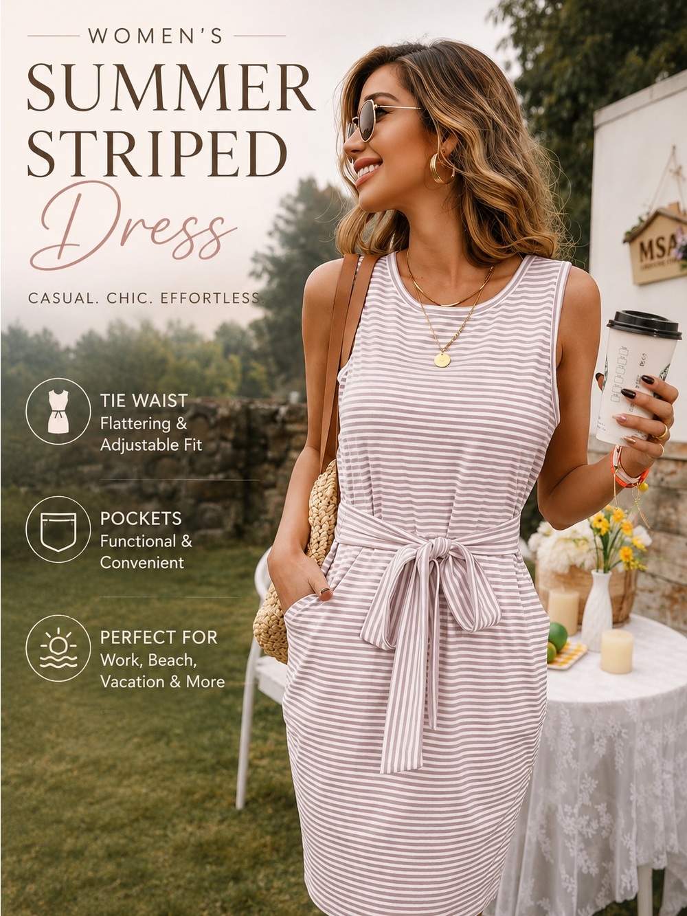 MEROKEETY Striped Sleeveless Tie Waist Midi Dress Size S Pink & White